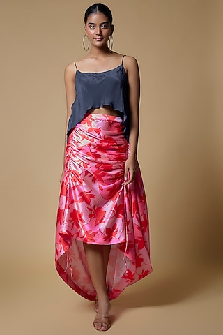 Pink Satin Floral Printed Skirt Set by Izzumi Mehta