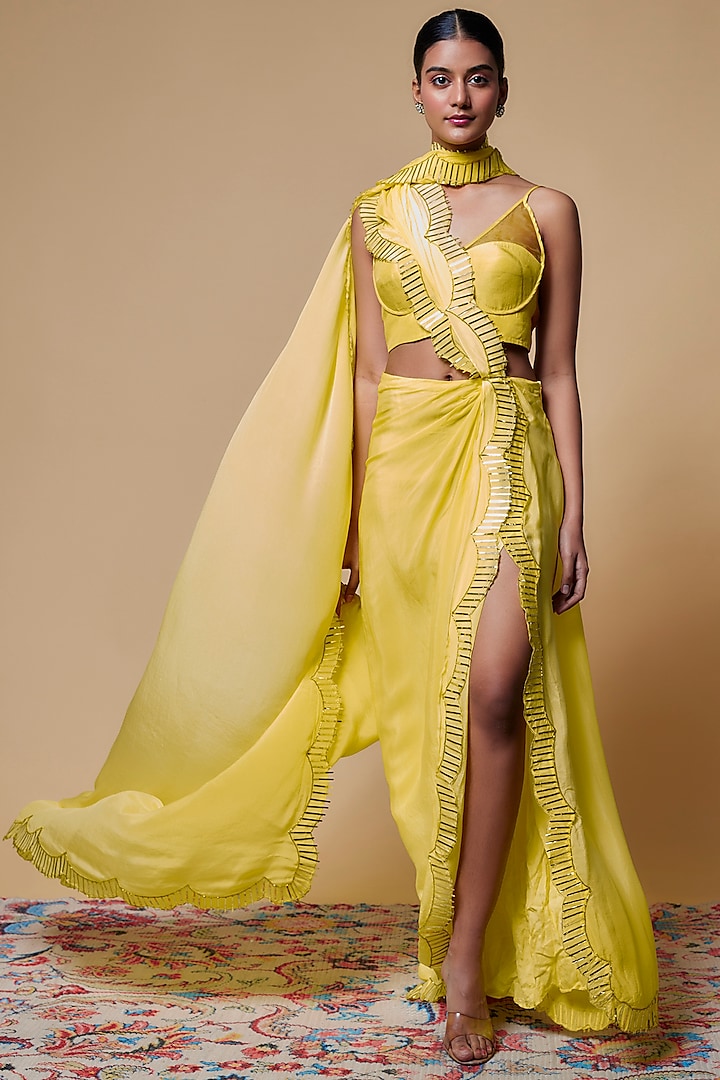 Yellow Crepe Pre-Stitched Saree Set by Izzumi Mehta