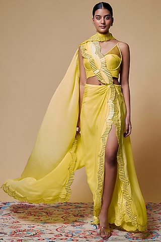 Yellow Crepe Pre-Stitched Saree Set by Izzumi Mehta
