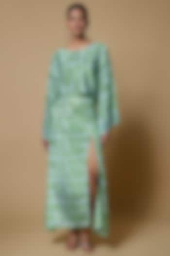 Green Satin Georgette Printed Skirt Set by Izzumi Mehta