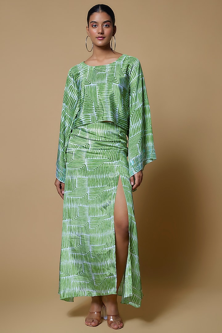 Green Satin Georgette Printed Skirt Set by Izzumi Mehta