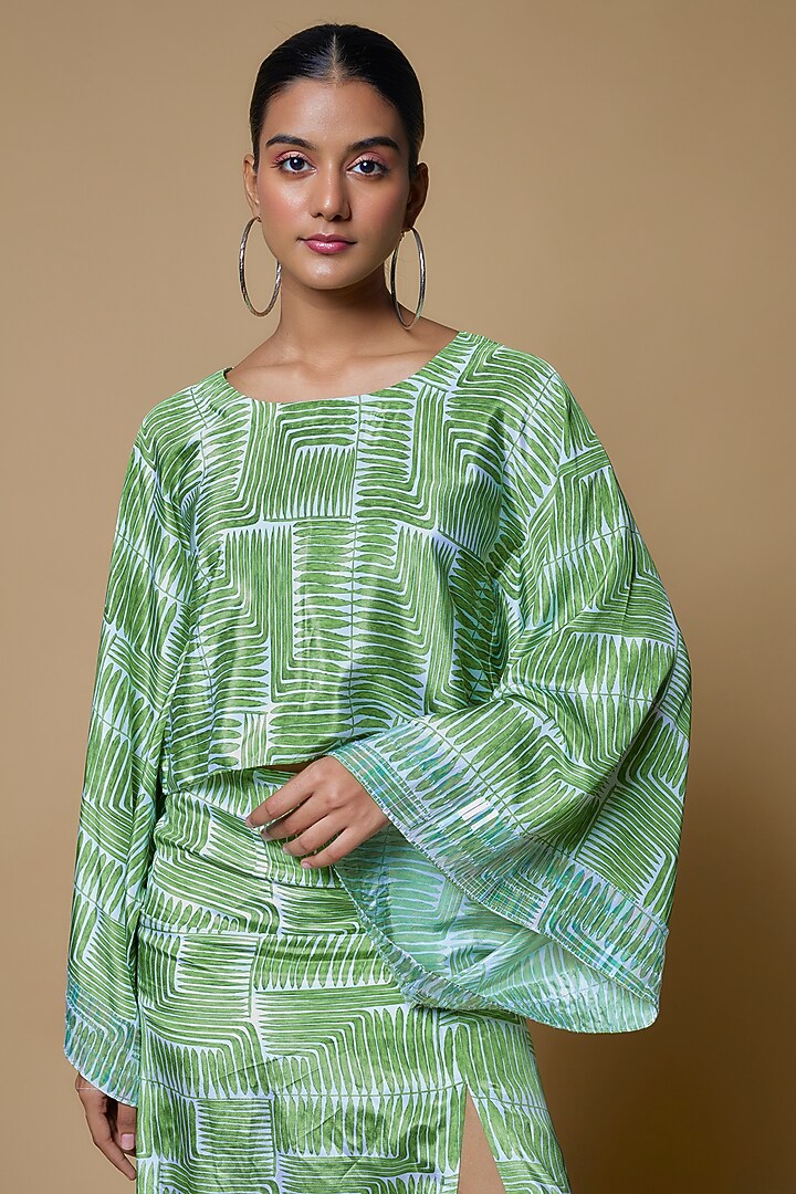 Green Satin Georgette Printed Skirt Set by Izzumi Mehta at Pernia's Pop Up Shop