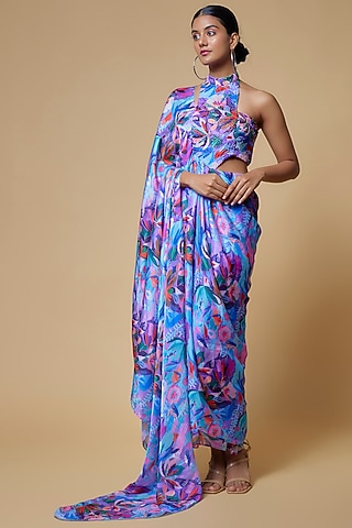 Multi-Colored Satin Georgette Floral Printed Pre-Draped Saree by Izzumi Mehta