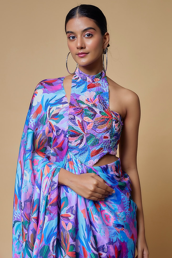 Multi-Colored Satin Georgette Floral Printed Pre-Draped Party Wear Saree by Izzumi Mehta at Pernia's Pop Up Shop