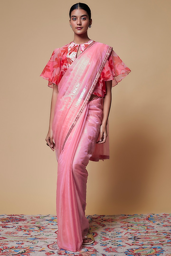 Pink Organza Pre-Stitched Saree Set by Izzumi Mehta
