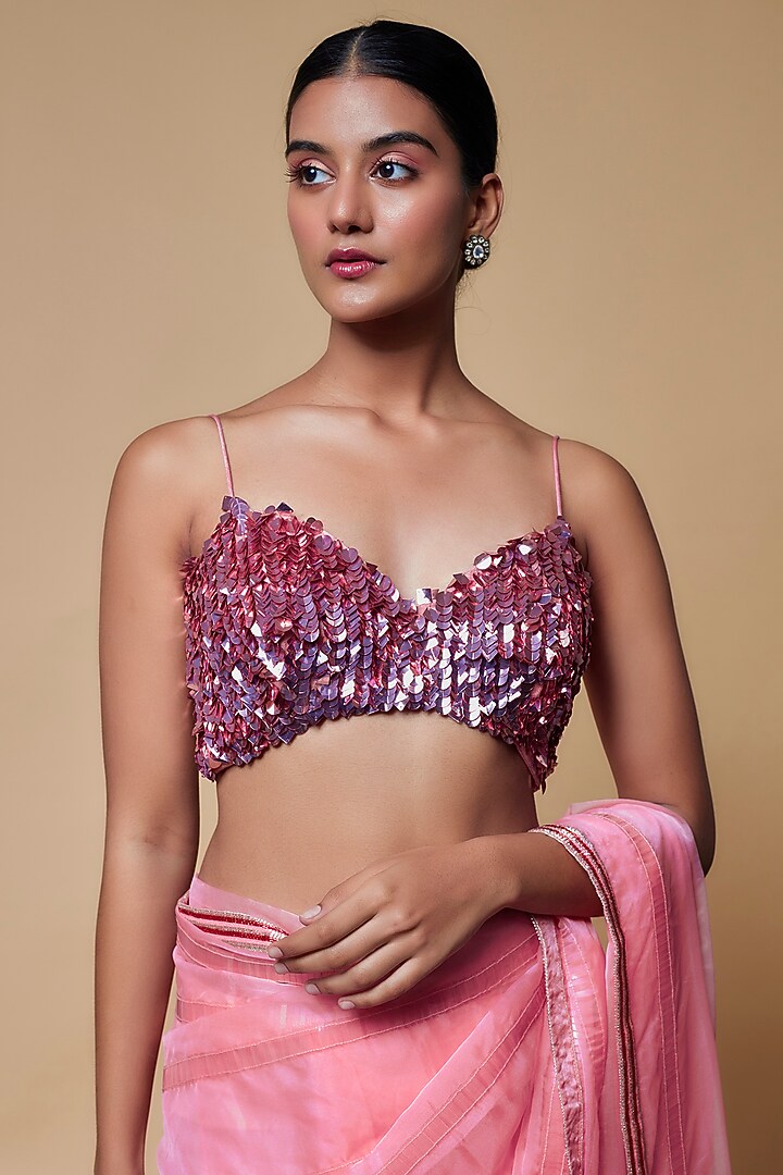 Pink Organza Pre-Stitched Wedding Saree Set by Izzumi Mehta at Pernia's Pop Up Shop