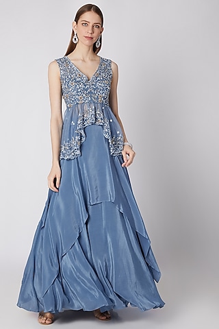 Blue Embroidered Peplum Top With Lehenga by Izzumi Mehta