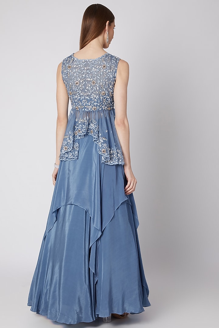 Blue Embroidered Peplum Top With Wedding Lehenga by Izzumi Mehta at Pernia's Pop Up Shop