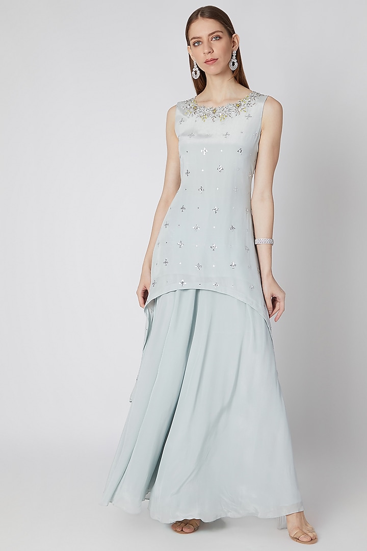 Icy Blue Embroidered Tunic With Palazzo Pants by Izzumi Mehta
