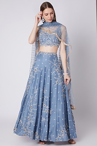 Indigo Blue Embroidered Lehenga Set by Izzumi Mehta