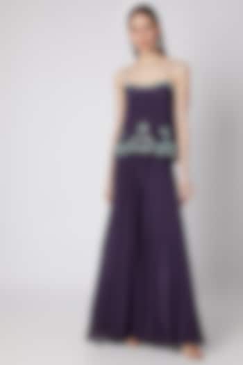 Aubergine Purple Embellished Top With Palazzo Pants by Izzumi Mehta