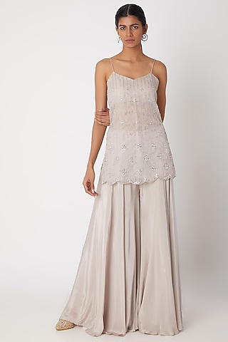 Silver Embroidered Kurta With Palazzo Pants by Izzumi Mehta