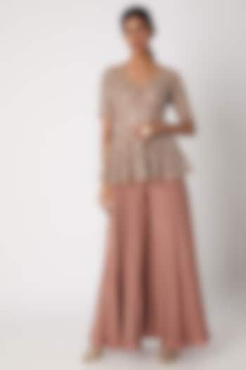 Mauve Embroidered Peplum Top With Palazzo Pants by Izzumi Mehta