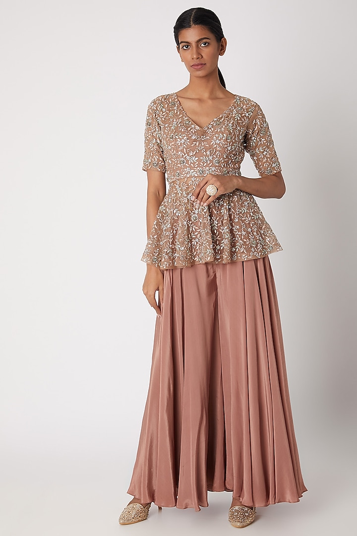 Embroidered Peplum Top with Wide-Leg Pants