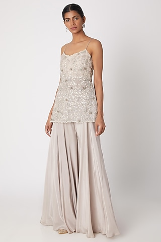 Silver Aari Embroidered Kurta With Palazzo Pants by Izzumi Mehta
