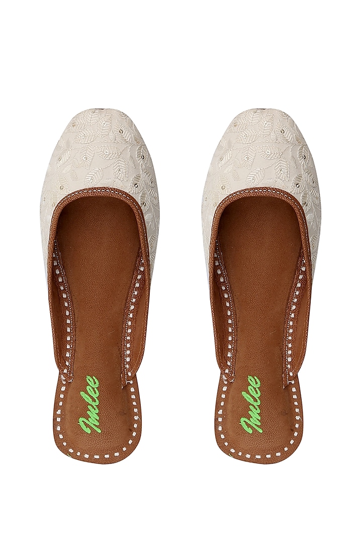 Off-White Leather & Silk Thread Embroidered Juttis by Imlee