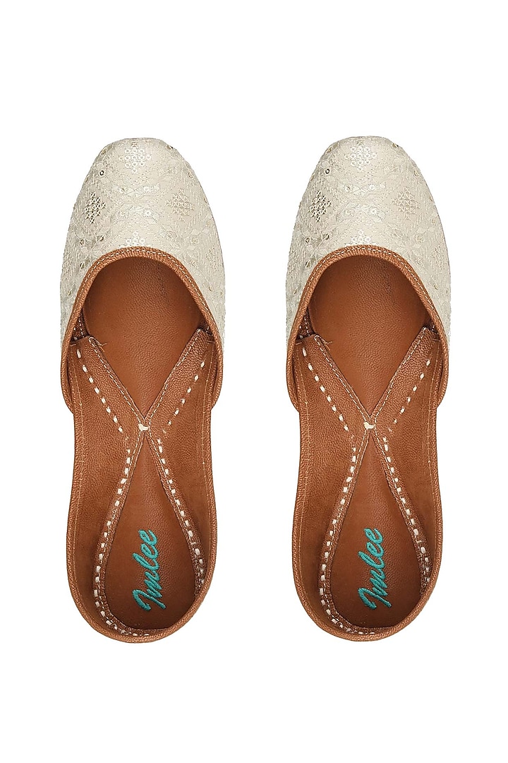 Light Grey Leather & Silk Thread Embroidered Juttis by Imlee