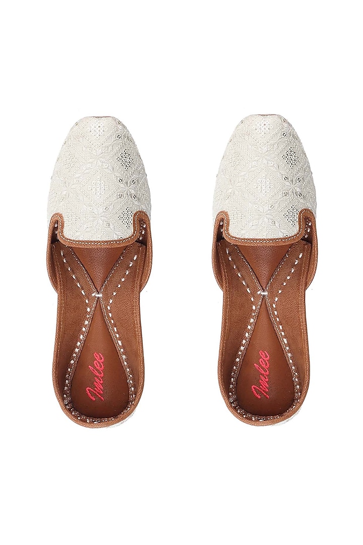 Light Grey Leather & Silk Thread Embroidered Open Back Juttis by Imlee