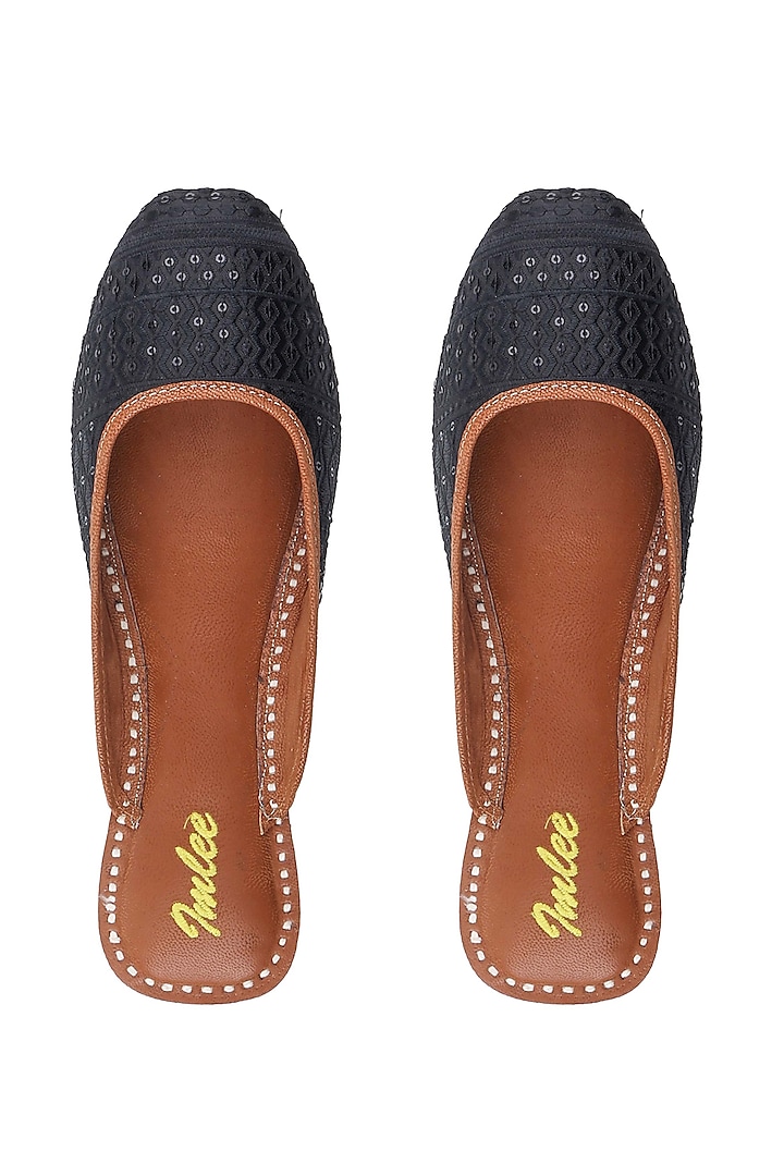 Black Leather & Silk Thread Embroidered Open Back Juttis by Imlee