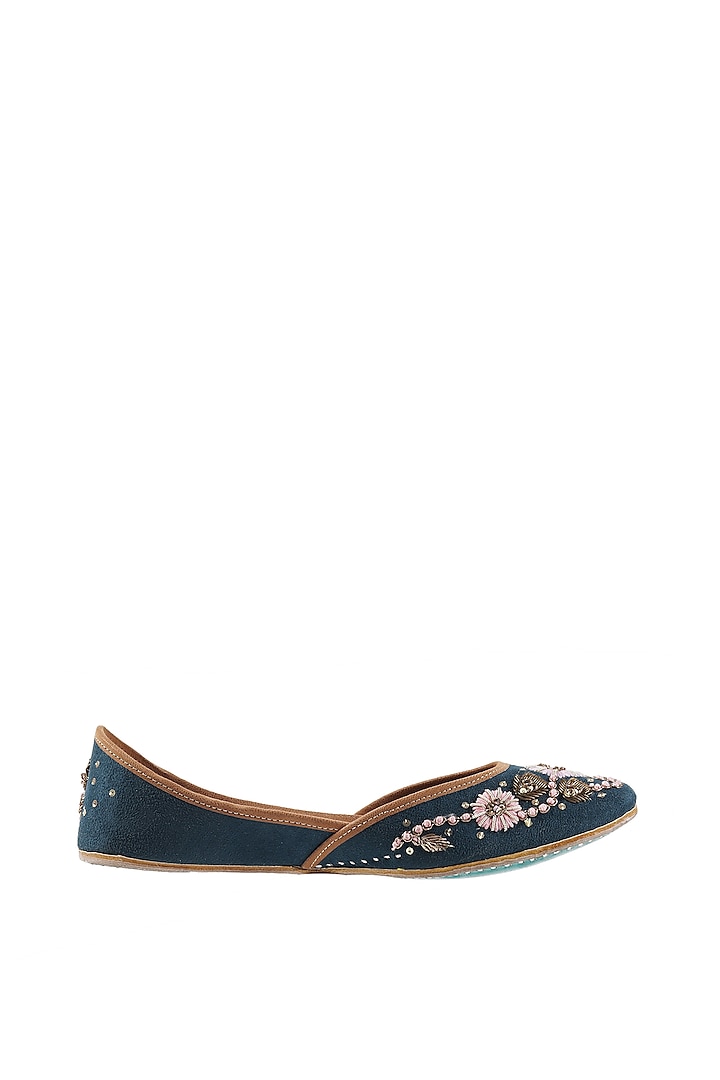 Teal Blue & Pink Floral Embroidered Juttis by Imlee
