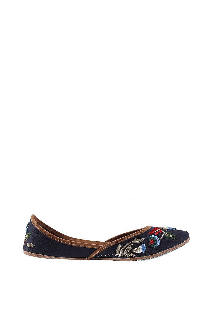 Navy Blue Rose Embroidered Juttis by Imlee