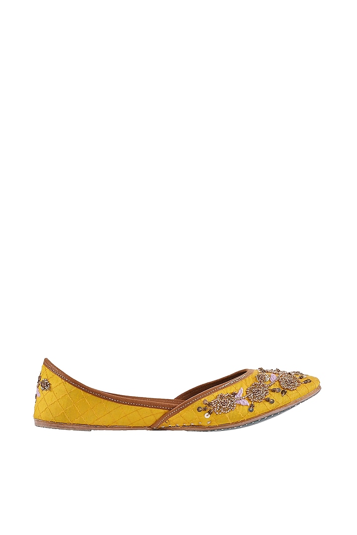 Golden Yellow Pearl Embroidered Juttis by Imlee