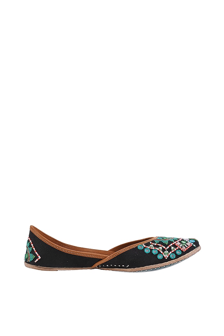 Black & Sea Green Embroidered Juttis by Imlee