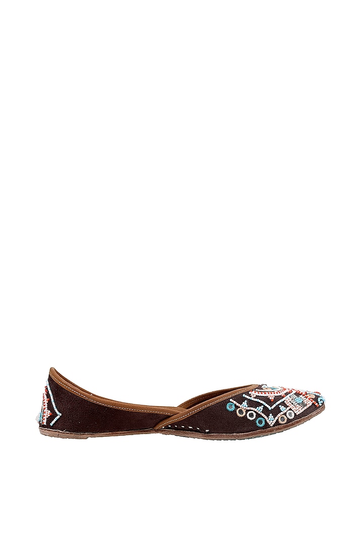Brown & Sky Blue Embroidered Juttis by Imlee