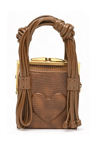 Brown Faux Leather Love Knot Cube Handbag by Immri