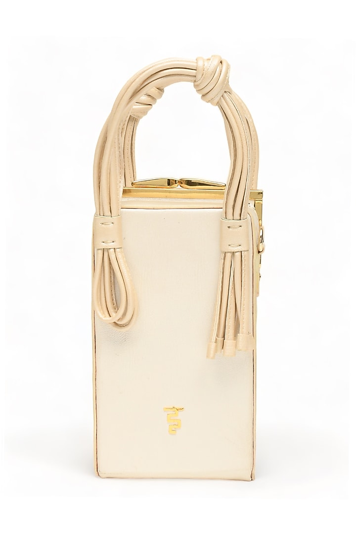 White Faux Leather Love Knot Cuboid Handbag by Immri at Pernia's Pop Up Shop