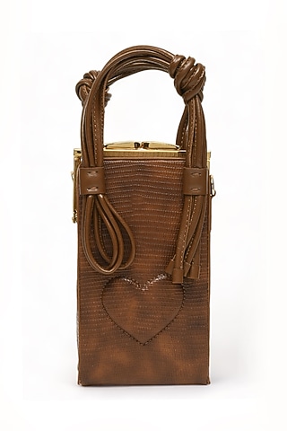 Brown Faux Leather Love Knot Cuboid Handbag by Immri
