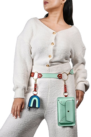 Mint Green & Blue Leather Belt With Earpod Case by Immri