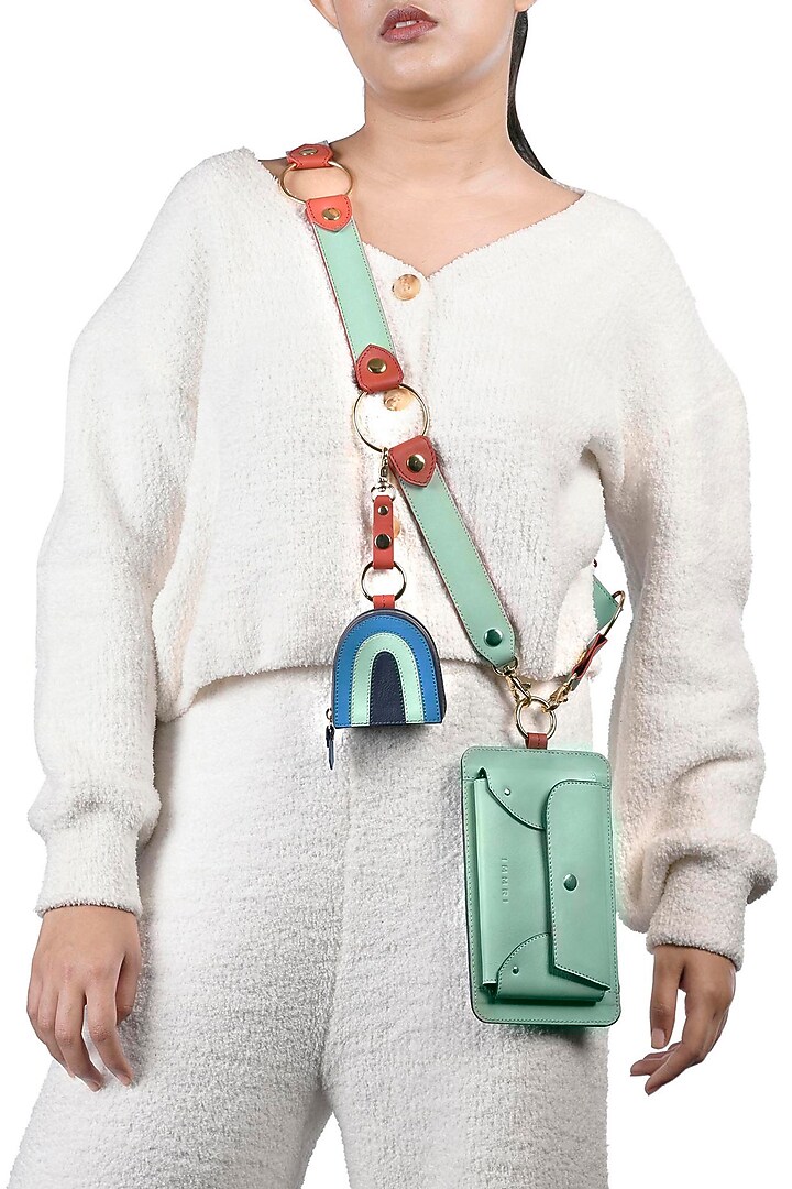 Mint Green & Blue Leather Belt With Earpod Case by Immri at Pernia's Pop Up Shop