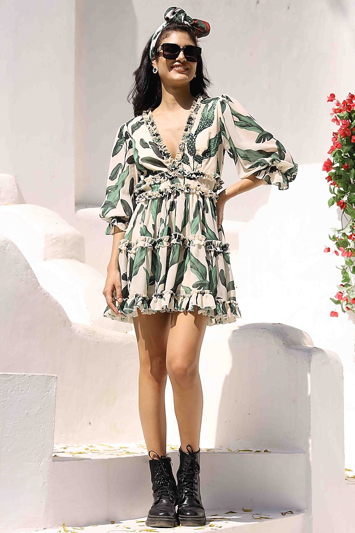 White & Green Georgette Printed Dress by I AM WORTH IT