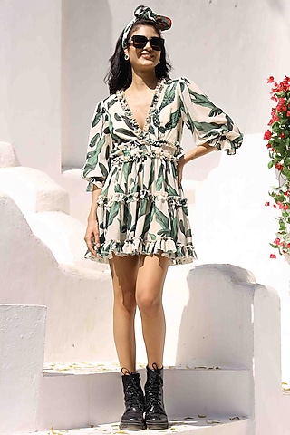 White & Green Georgette Printed Dress by I AM WORTH IT