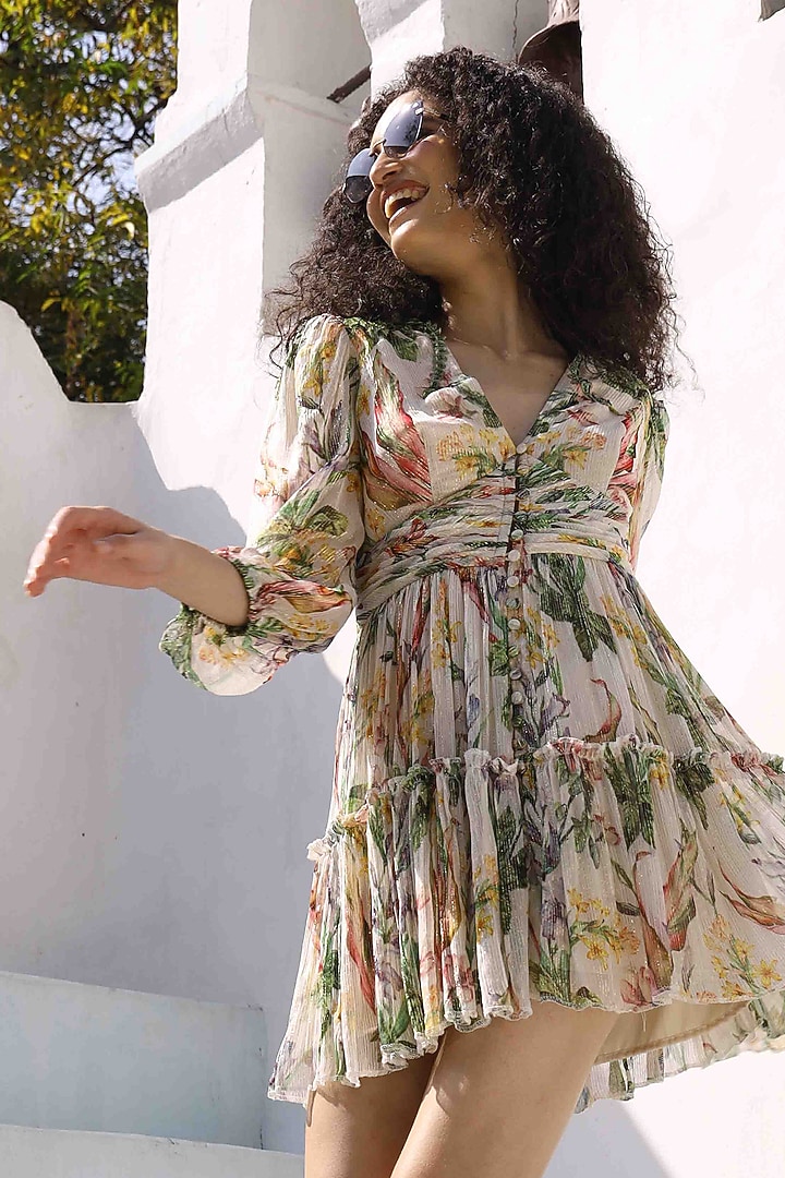 White & Green Georgette Printed Vacation Dress by I AM WORTH IT at Pernia's Pop Up Shop