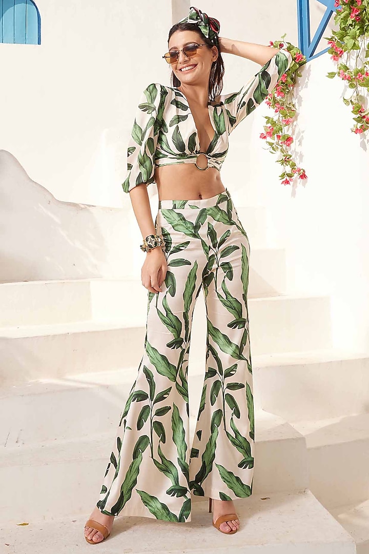 White & Green Crepe Satin Printed Pant Set by I AM WORTH IT