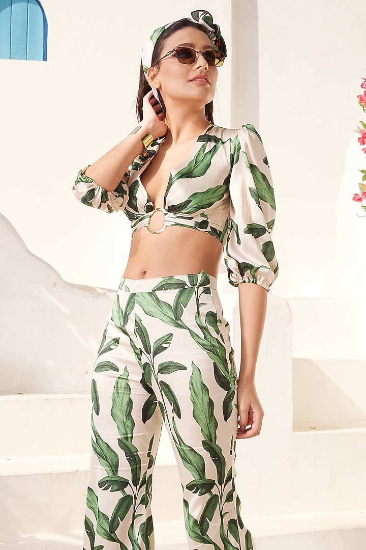 White & Green Crepe Satin Printed Pant Set by I AM WORTH IT at Pernia's Pop Up Shop