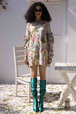 White & Green Crepe Printed Dress by I AM WORTH IT