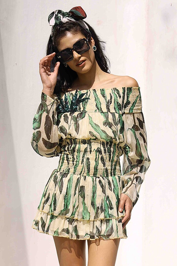 White & Green Lurex Chiffon Printed Vacation Dress by I AM WORTH IT at Pernia's Pop Up Shop