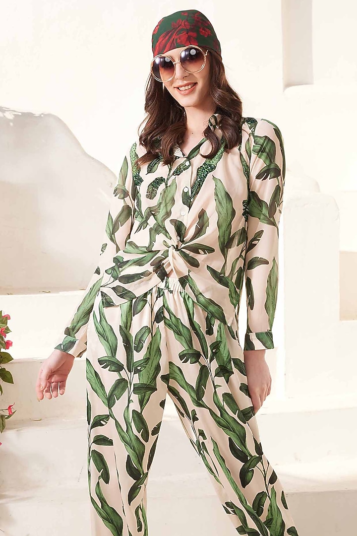 White & Green Georgette Printed Co-Ord Set by I AM WORTH IT at Pernia's Pop Up Shop