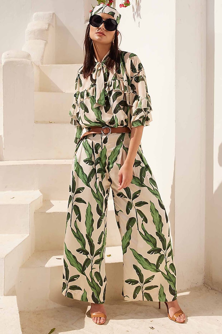 White & Green Georgette Printed Co-Ord Set by I AM WORTH IT