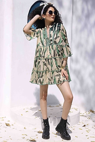 White & Green Lurex Chiffon Printed Dress by I AM WORTH IT