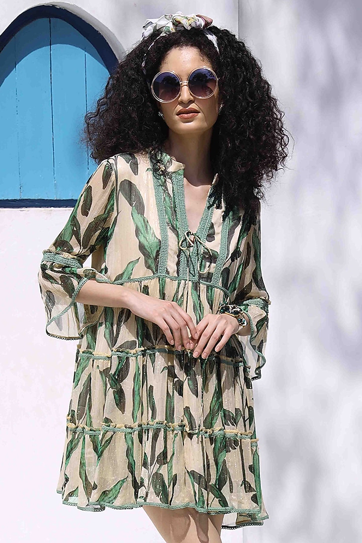 White & Green Lurex Chiffon Printed Vacation Dress by I AM WORTH IT at Pernia's Pop Up Shop