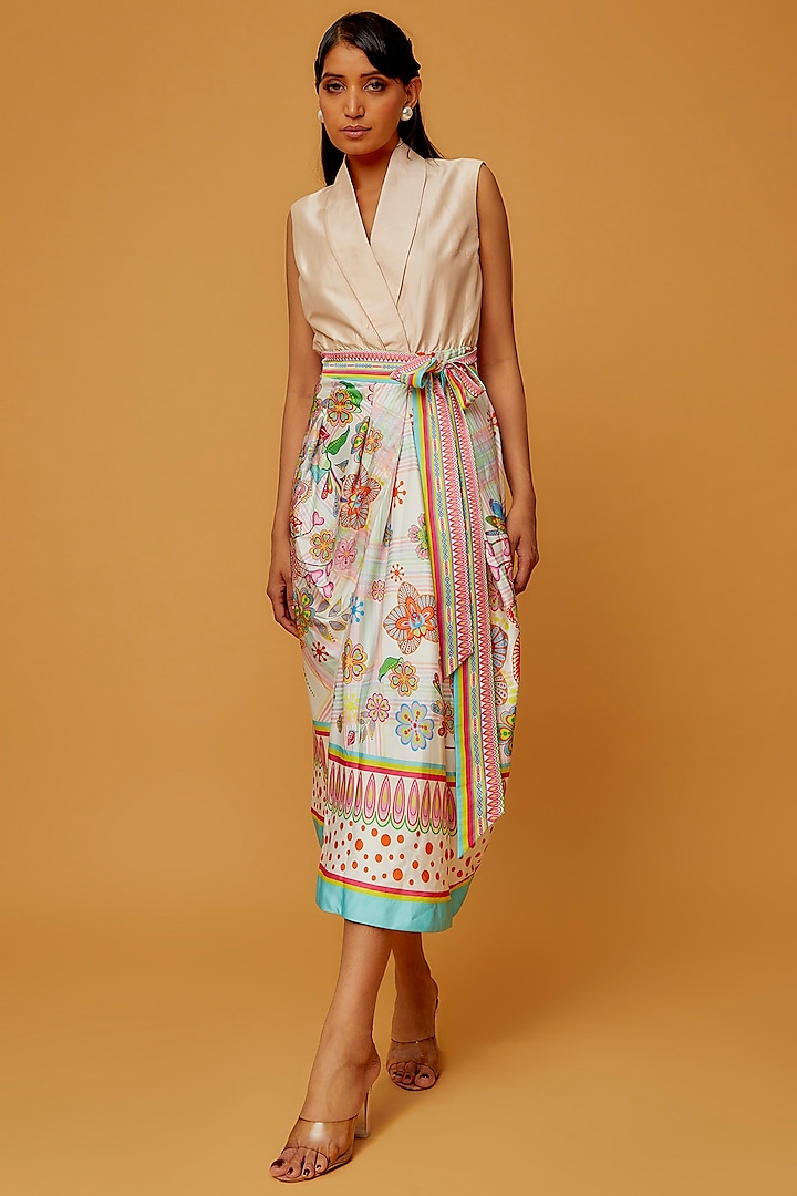 White Silk Floral Printed & Embroidered Midi Dress by Manish Arora