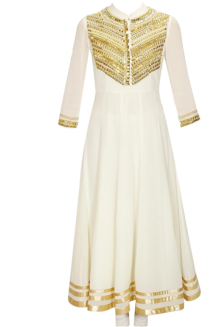 Ivory beads and pearls hand embroidered Party Wear Anarkali set by Manish Arora at Pernia's Pop Up Shop