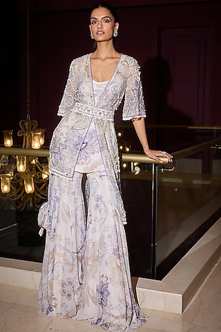 Ocean Blue Organza & Georgette Hand Embroidered Jacket Set by Mahima Mahajan
