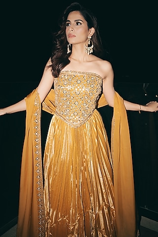 Haldi yellow Velvet Embellished Pleated Lehenga Set by Reeti Arneja