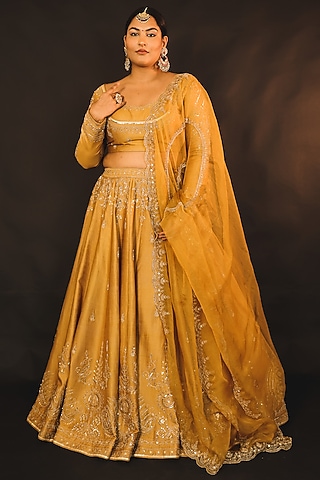 Mustard Embroidered Lehenga Set by Jigar Mali