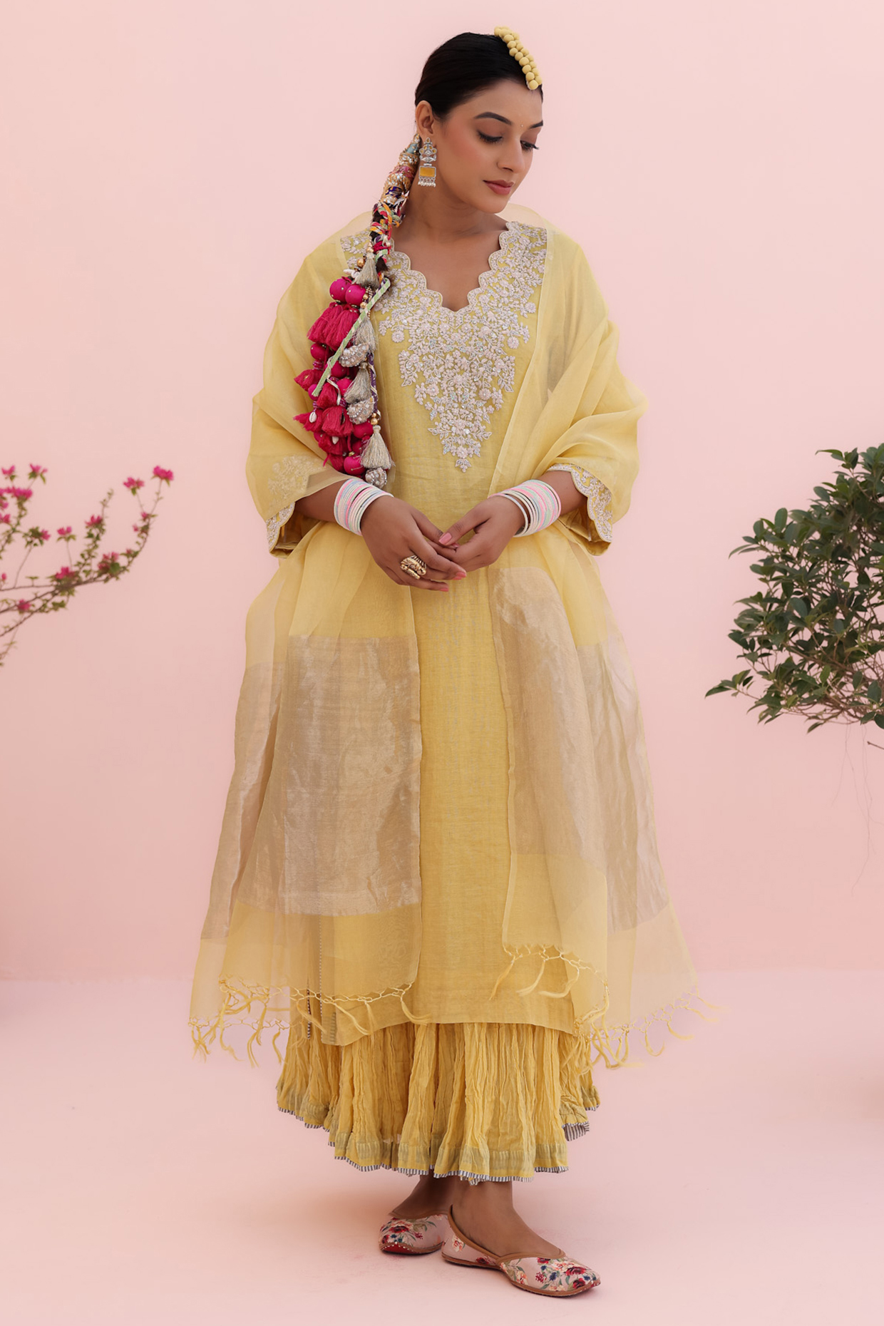 Lemon Yellow Tissue Chanderi Hand Embroidered Kurta Set by Charu Makkar at Pernia's Pop Up Shop